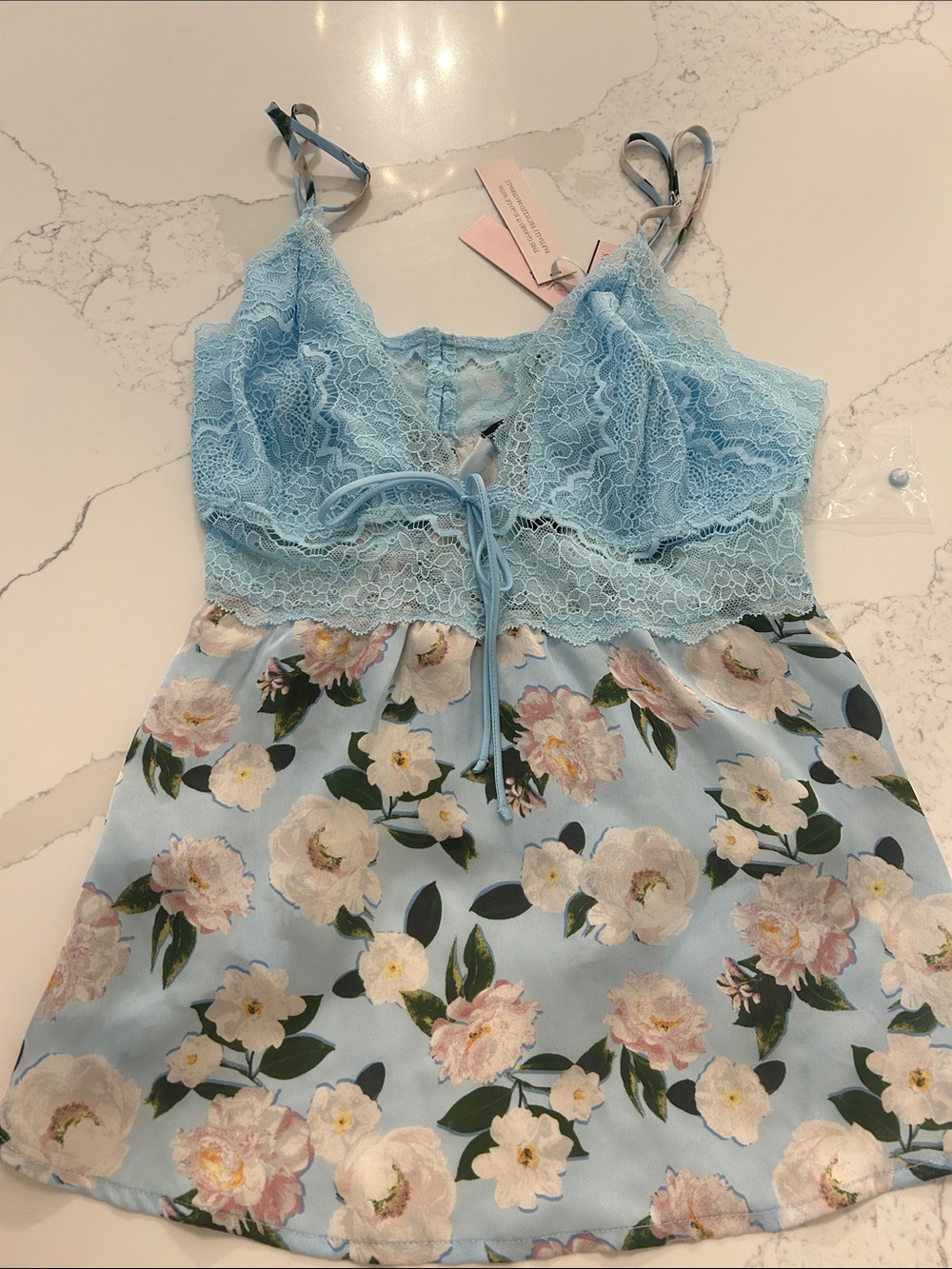 Victoria's Secret Light Blue Floral Lace Satin Chemise 2 pce Set